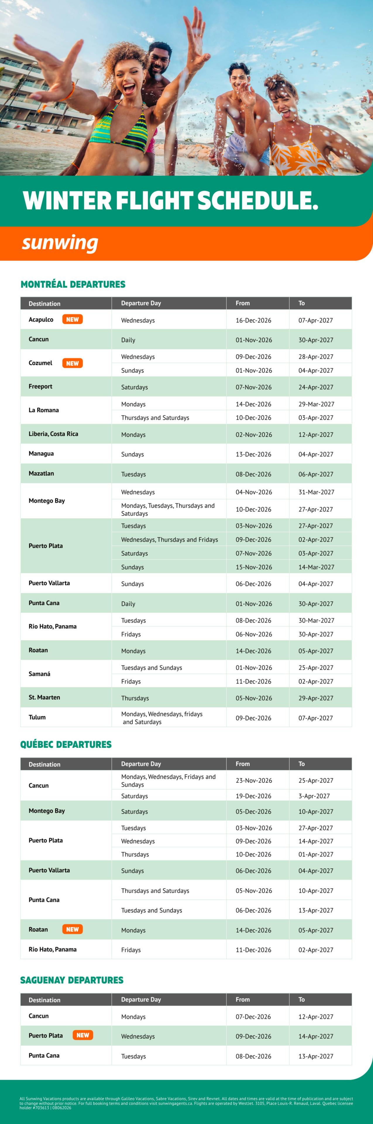 Sunwing Promotion Winter flight schedule with Partez en Voyage