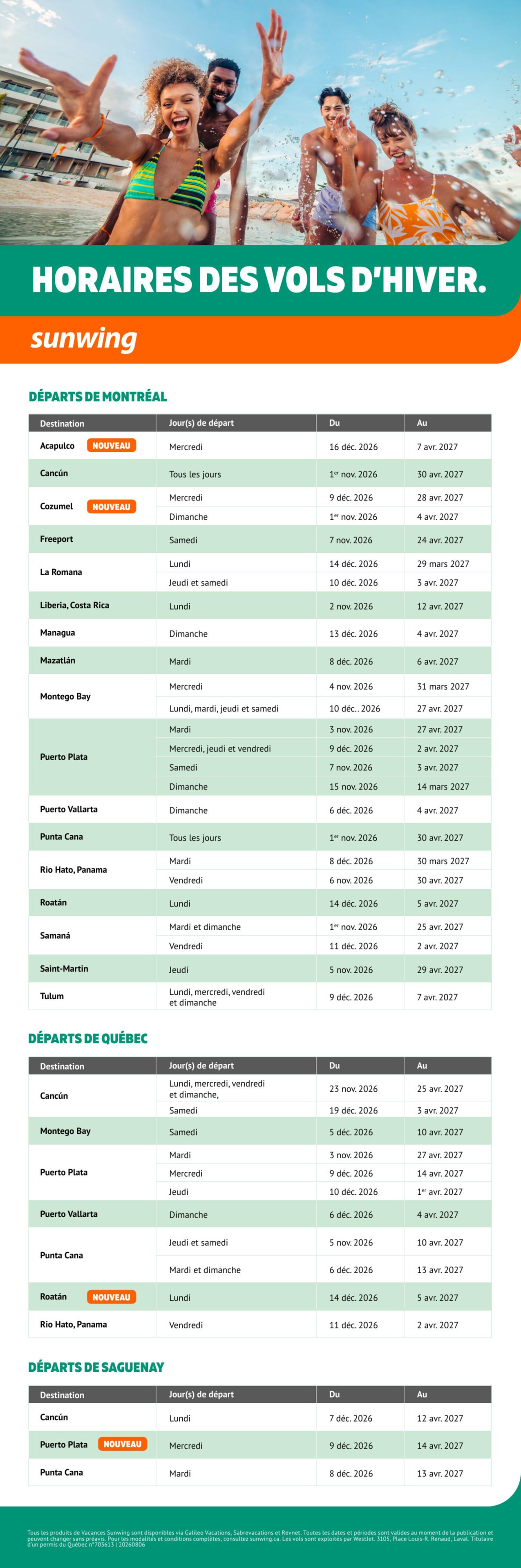 Promotion Horaires des vols d