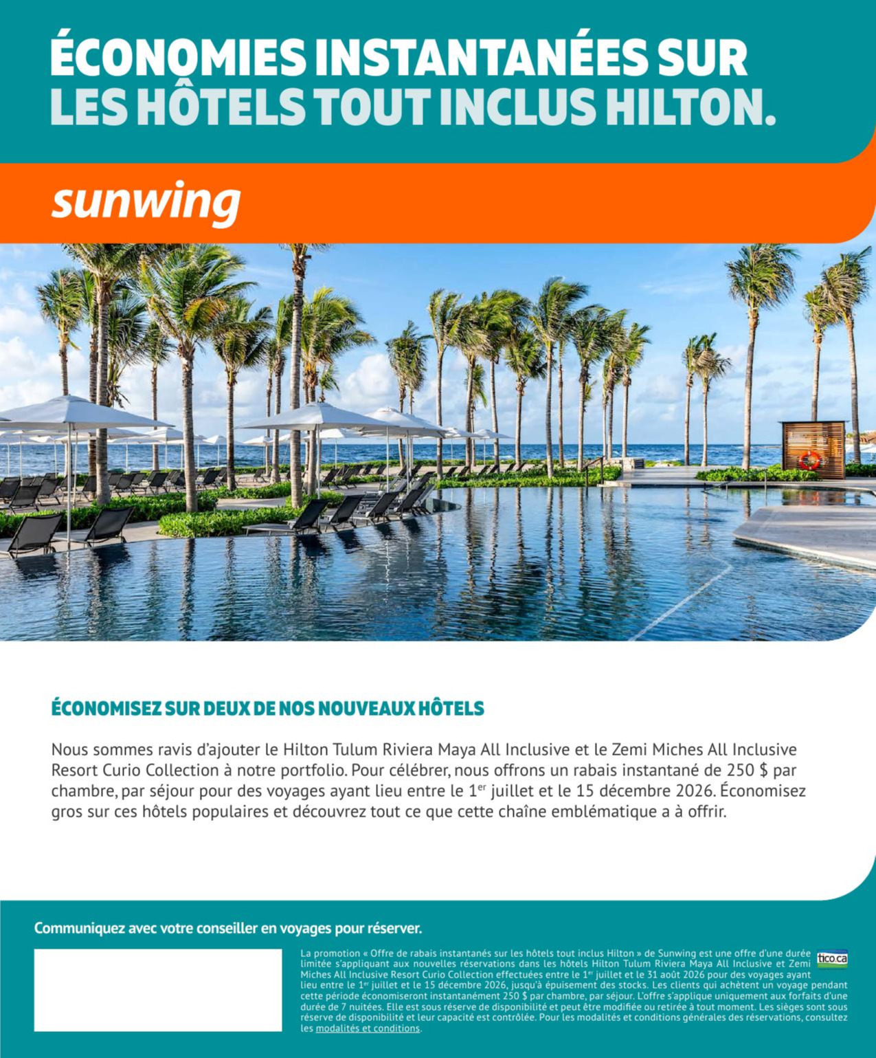 Promotion Sunwing Économies instantanées sur le hôtels tout inclus Hilton avec Partez en Voyage