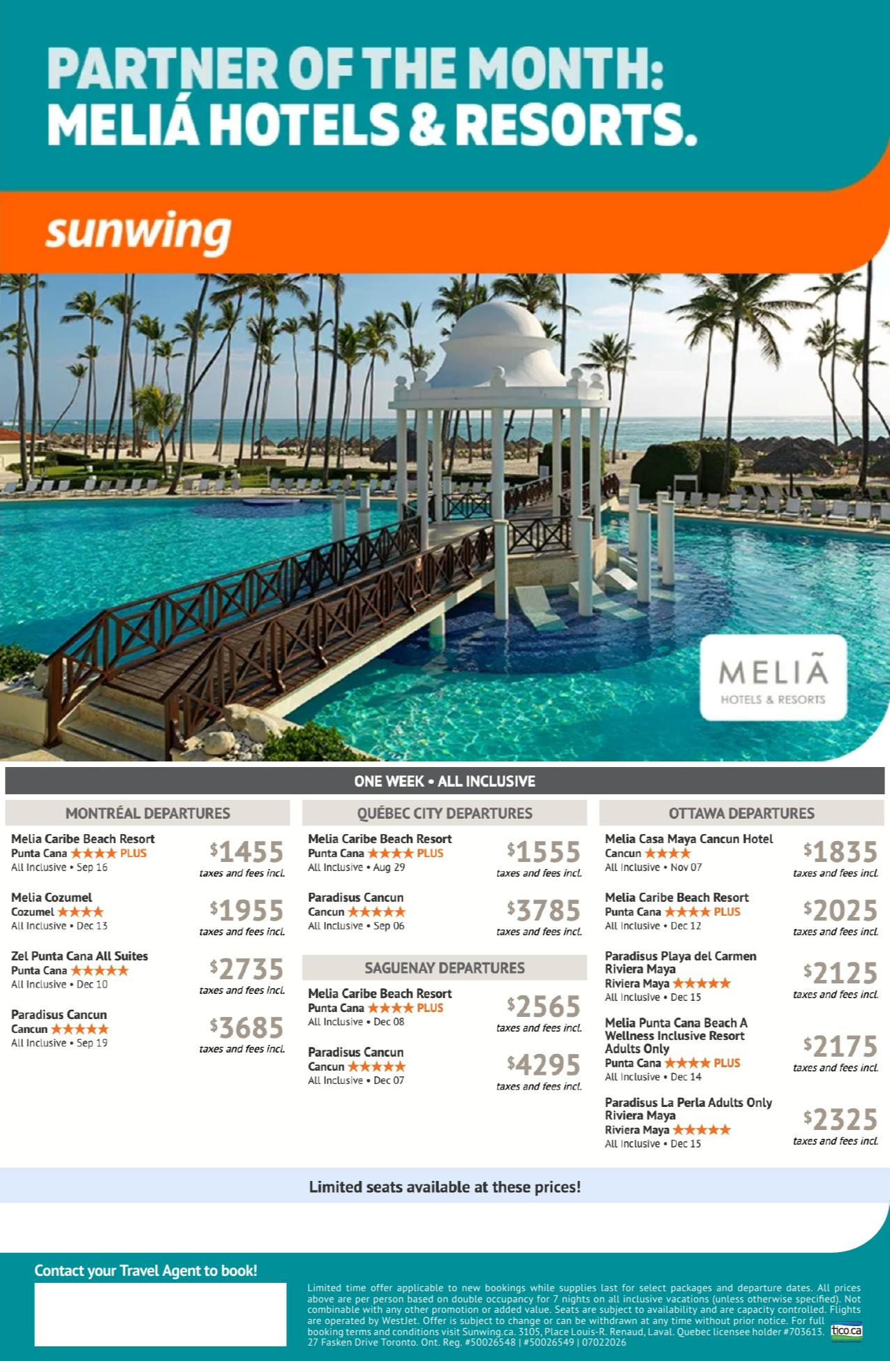 Sunwing Promotion Partner of the month : Melia Hotels & Resorts with Partez en Voyage