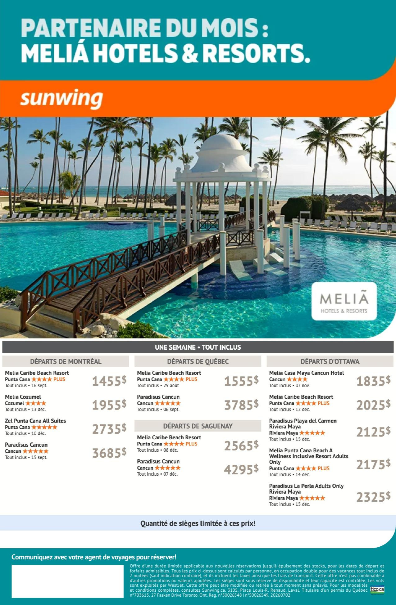 Promotion Sunwing partenaire du mois : Melia Hotels & Resorts avec Partez en Voyage